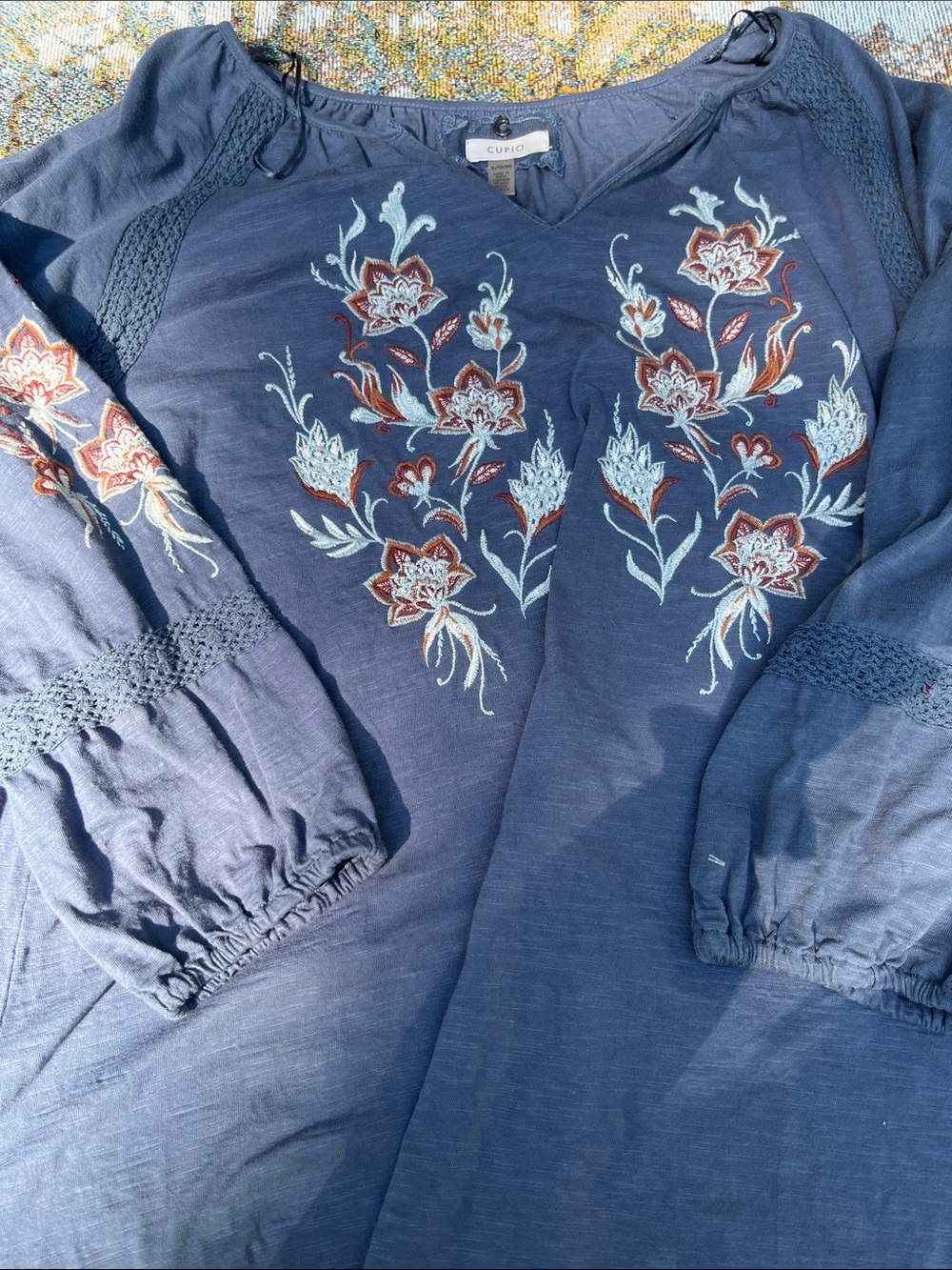 Cupio Blue Floral Embroidered Peasant Top dress  XL - Picture 2 of 10